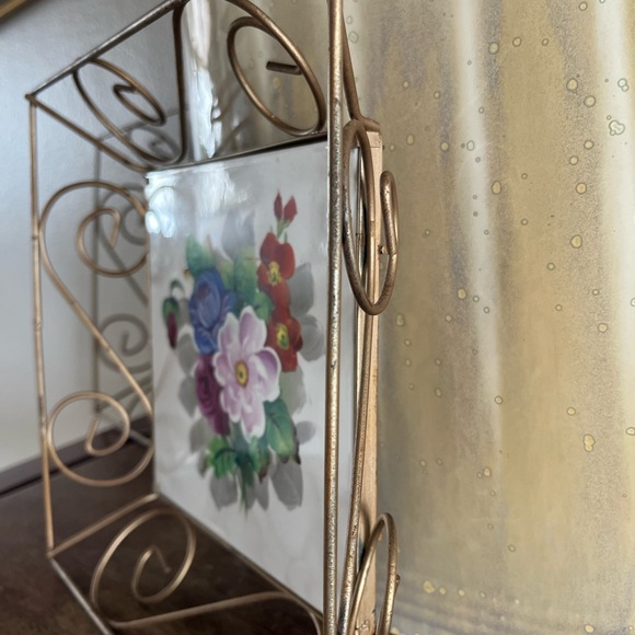 Vintage 60’s - 70’s wall decor, metal swirls framing square floral tiles - Picture 13 of 15